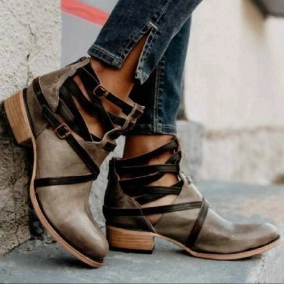 Firebird by Steven Shoes - Firebird by Steven Gray Brown Leather Distressed Stair Ankle Boot 6